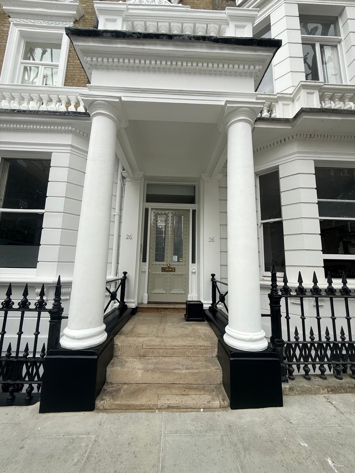 Restored Victorian portico at No. 26, Central London